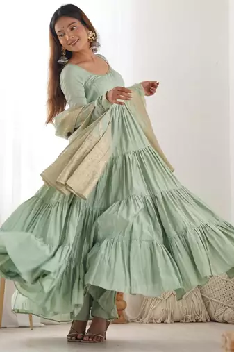  solid roman silk blend chanderi flared anarkali pant and dupatta set
