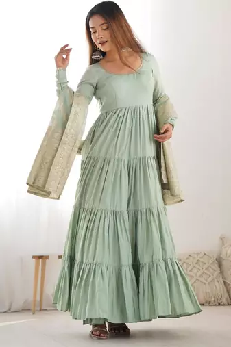  solid roman silk blend chanderi flared anarkali pant and dupatta set
