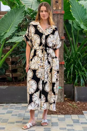 Black floral print crepe maxi western dress for women