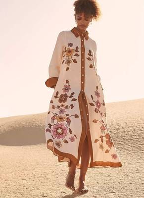 Cream floral print linen maxi western dress for women 1