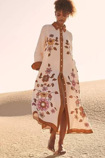 Cream floral print linen maxi western dress for women
