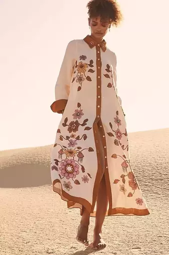 Cream floral print linen maxi western dress for women