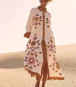 Cream floral print linen maxi western dress for women