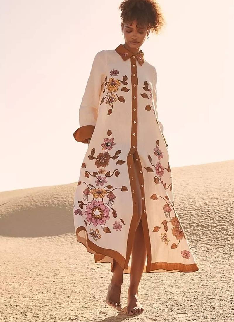 Cream floral print linen maxi western dress for women