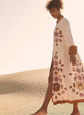 Cream floral print linen maxi western dress for women 2