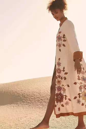 Cream floral print linen maxi western dress for women