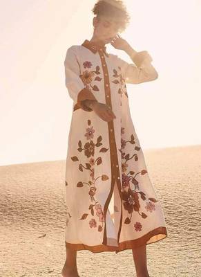 Cream floral print linen maxi western dress for women 3