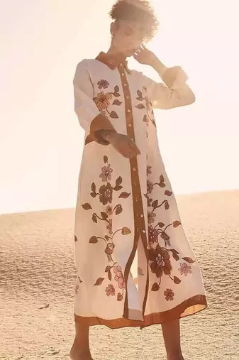 Cream floral print linen maxi western dress for women