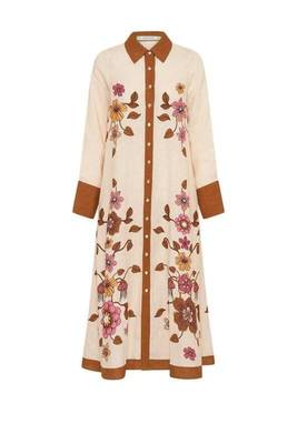 Cream floral print linen maxi western dress for women 4