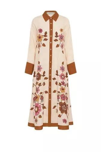 Cream floral print linen maxi western dress for women