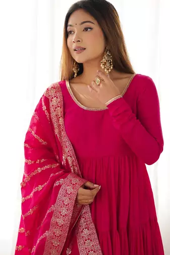 solid roman silk blend chanderi flared anarkali pant and dupatta set