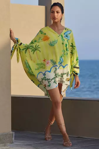 Lemon floral print linen mini western dress for women
