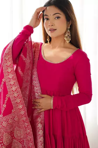  solid roman silk blend chanderi flared anarkali pant and dupatta set