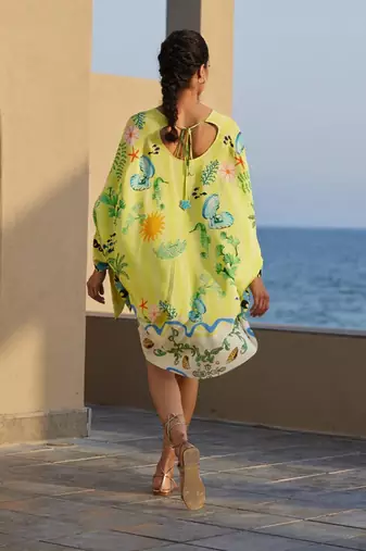 Lemon floral print linen mini western dress for women