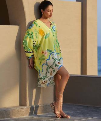 Lemon floral print linen mini western dress for women 4