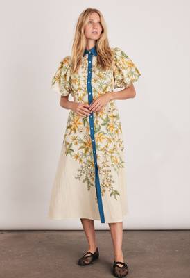 Off-white floral print linen maxi western dress for women 1