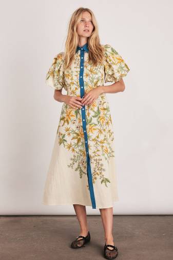 Off-white floral print linen maxi western dress for women