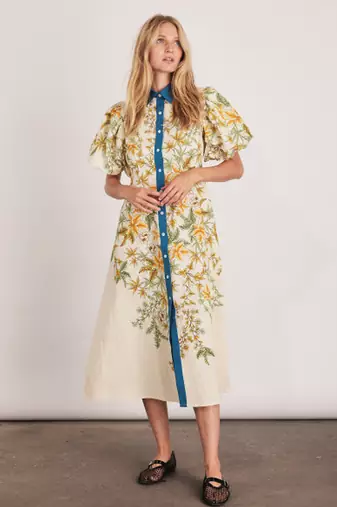 Off-white floral print linen maxi western dress for women