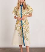 Off-white floral print linen maxi western dress for women