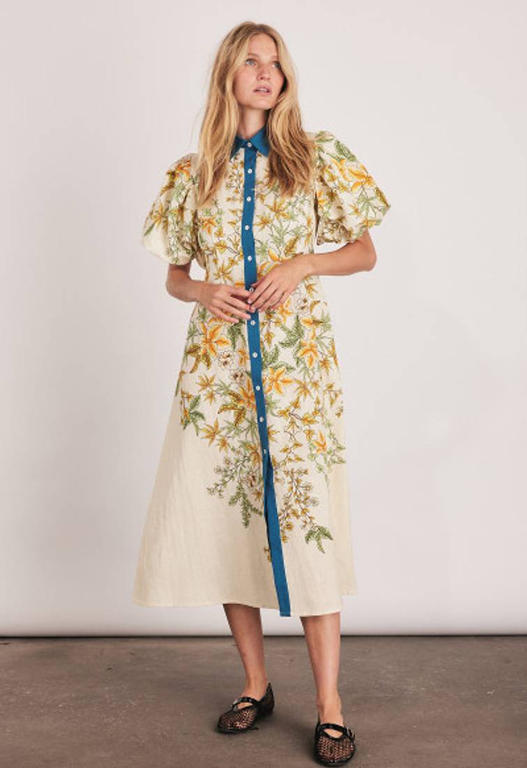 Off-white floral print linen maxi western dress for women