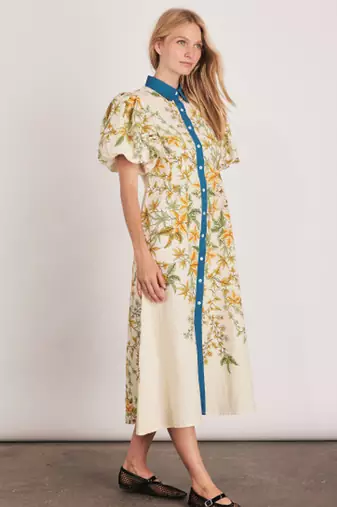Off-white floral print linen maxi western dress for women