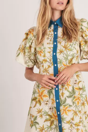 Off-white floral print linen maxi western dress for women