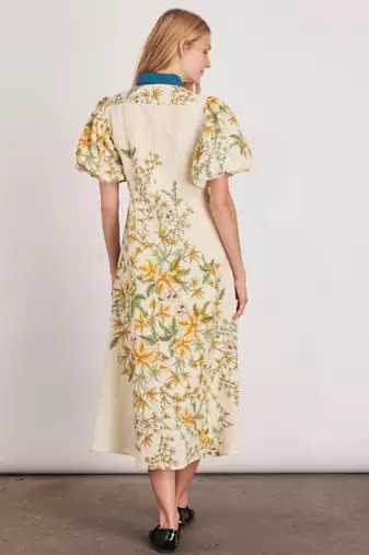 Off-white floral print linen maxi western dress for women