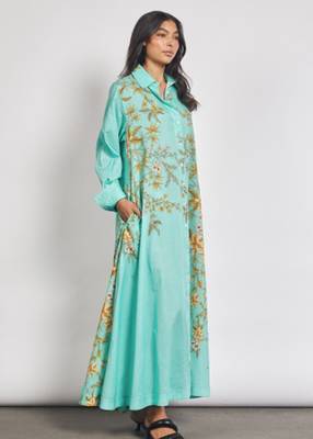 Teal floral print linen maxi western dress for women 1