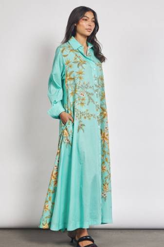 Teal floral print linen maxi western dress for women