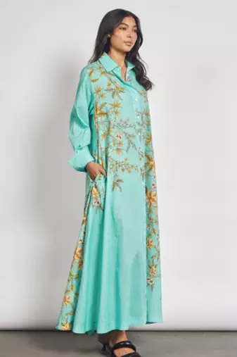 Teal floral print linen maxi western dress for women