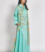 Teal floral print linen maxi western dress for women