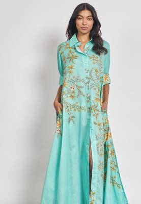 Teal floral print linen maxi western dress for women 2