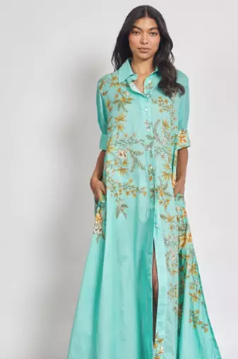 Teal floral print linen maxi western dress for women