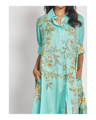 Teal floral print linen maxi western dress for women 3