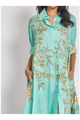 Teal floral print linen maxi western dress for women