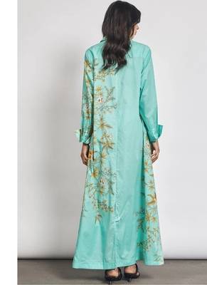 Teal floral print linen maxi western dress for women 4