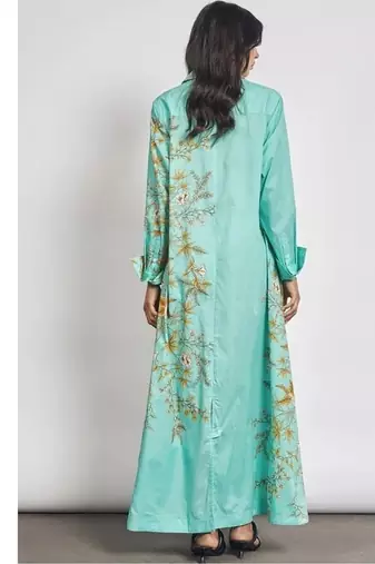 Teal floral print linen maxi western dress for women