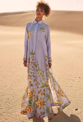 Blue floral print linen maxi western dress for women 1
