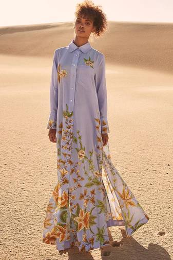 Blue floral print linen maxi western dress for women