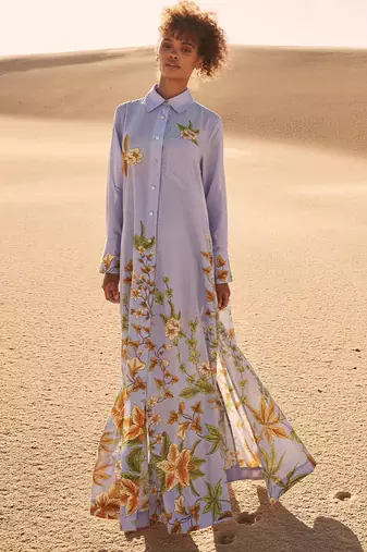 Blue floral print linen maxi western dress for women