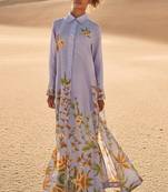 Blue floral print linen maxi western dress for women