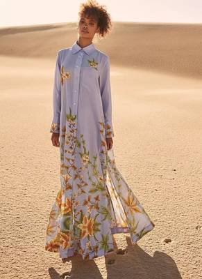Blue floral print linen maxi western dress for women 2
