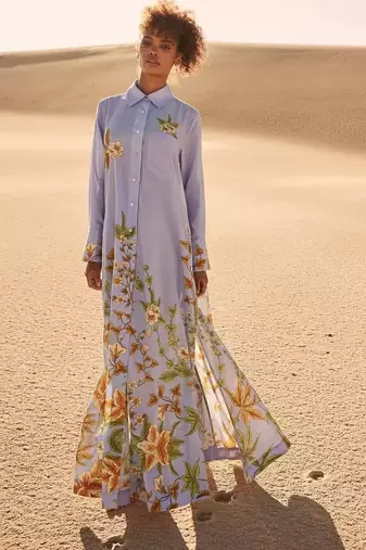 Blue floral print linen maxi western dress for women