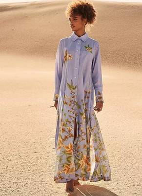Blue floral print linen maxi western dress for women 3