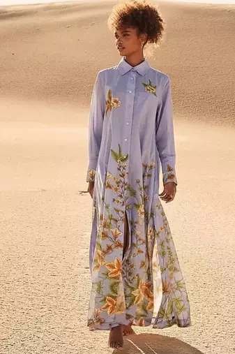 Blue floral print linen maxi western dress for women