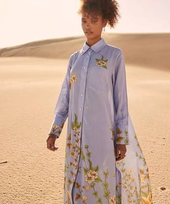 Blue floral print linen maxi western dress for women 4