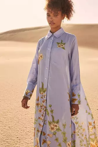 Blue floral print linen maxi western dress for women
