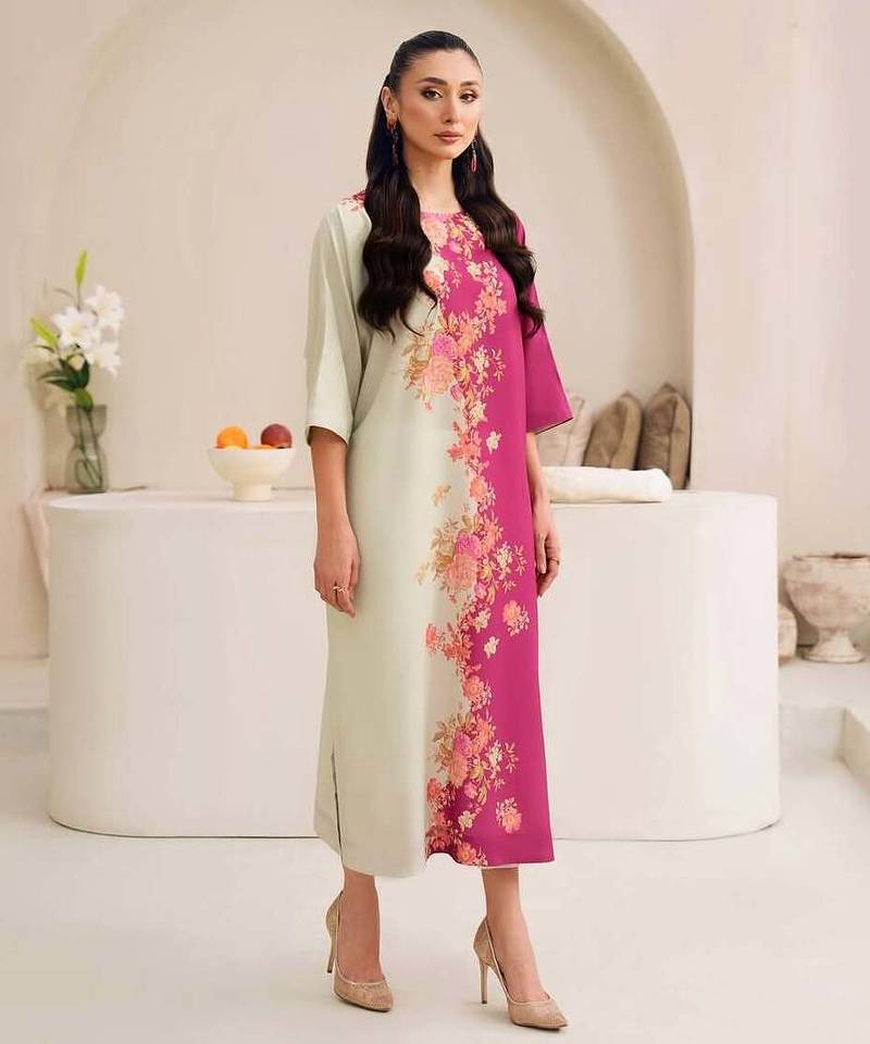 Pink floral print crepe maxi western dress for women