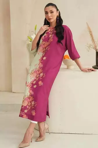 Pink floral print crepe maxi western dress for women