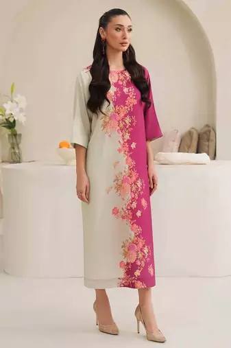 Pink floral print crepe maxi western dress for women